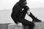 BLACK WITH GOLD LOGO EMBROIDERED HOODIE (LONG STYLE)