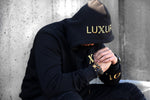 BLACK WITH GOLD LOGO EMBROIDERED HOODIE (LONG STYLE)