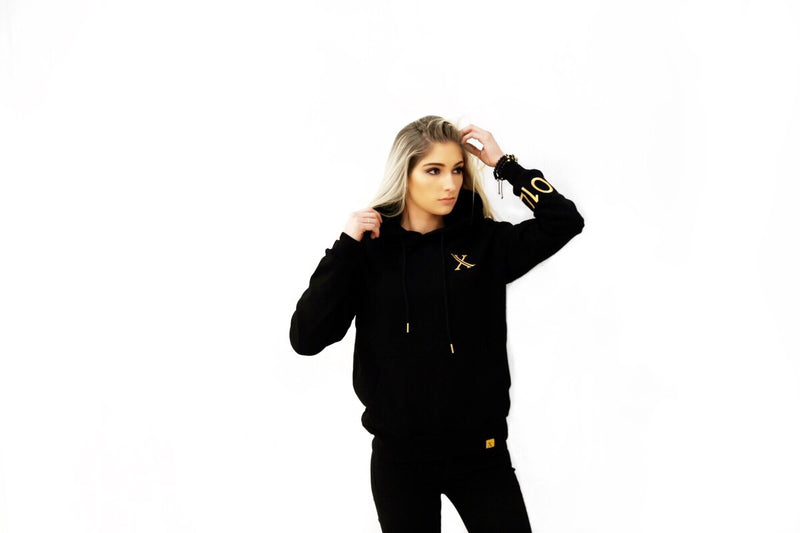 BLACK WITH GOLD LOGO EMBROIDERED HOODIE (LONG STYLE)