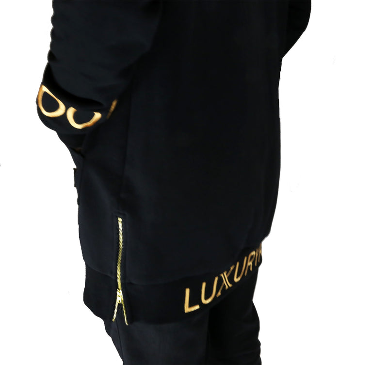 BLACK WITH GOLD LOGO EMBROIDERED HOODIE (LONG STYLE)