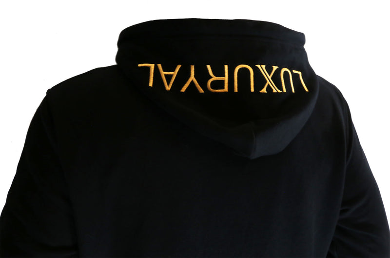 BLACK WITH GOLD LOGO EMBROIDERED HOODIE (LONG STYLE)